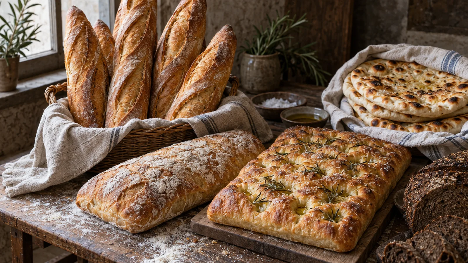 Crusty baguettes, ciabatta and rosemary focaccia on a flour-dusted baker's bench