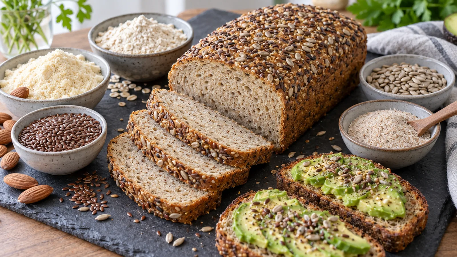 Sliced seeded gluten-free loaf with almond flour, oats and seeds arranged around it on a slate board