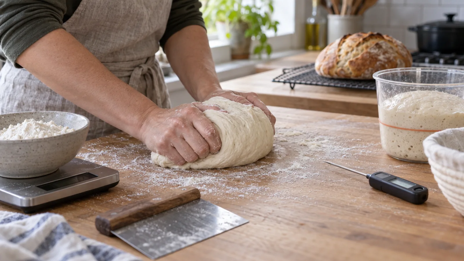 Hands kneading dough on a floured counter beside a kitchen scale, bench scraper and thermometer