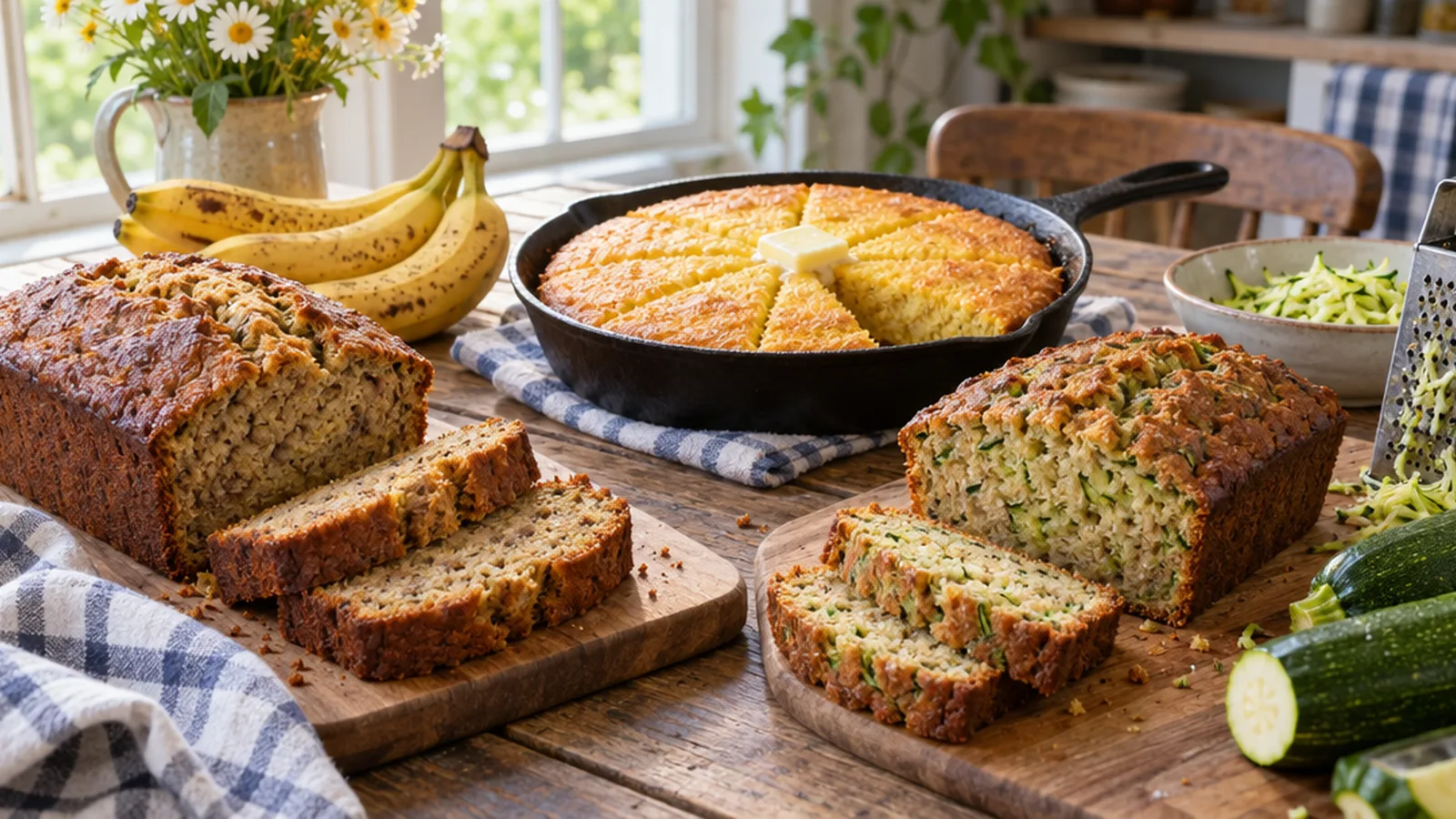 Sliced banana bread loaf beside a cast iron skillet of cornbread and a loaf of zucchini bread