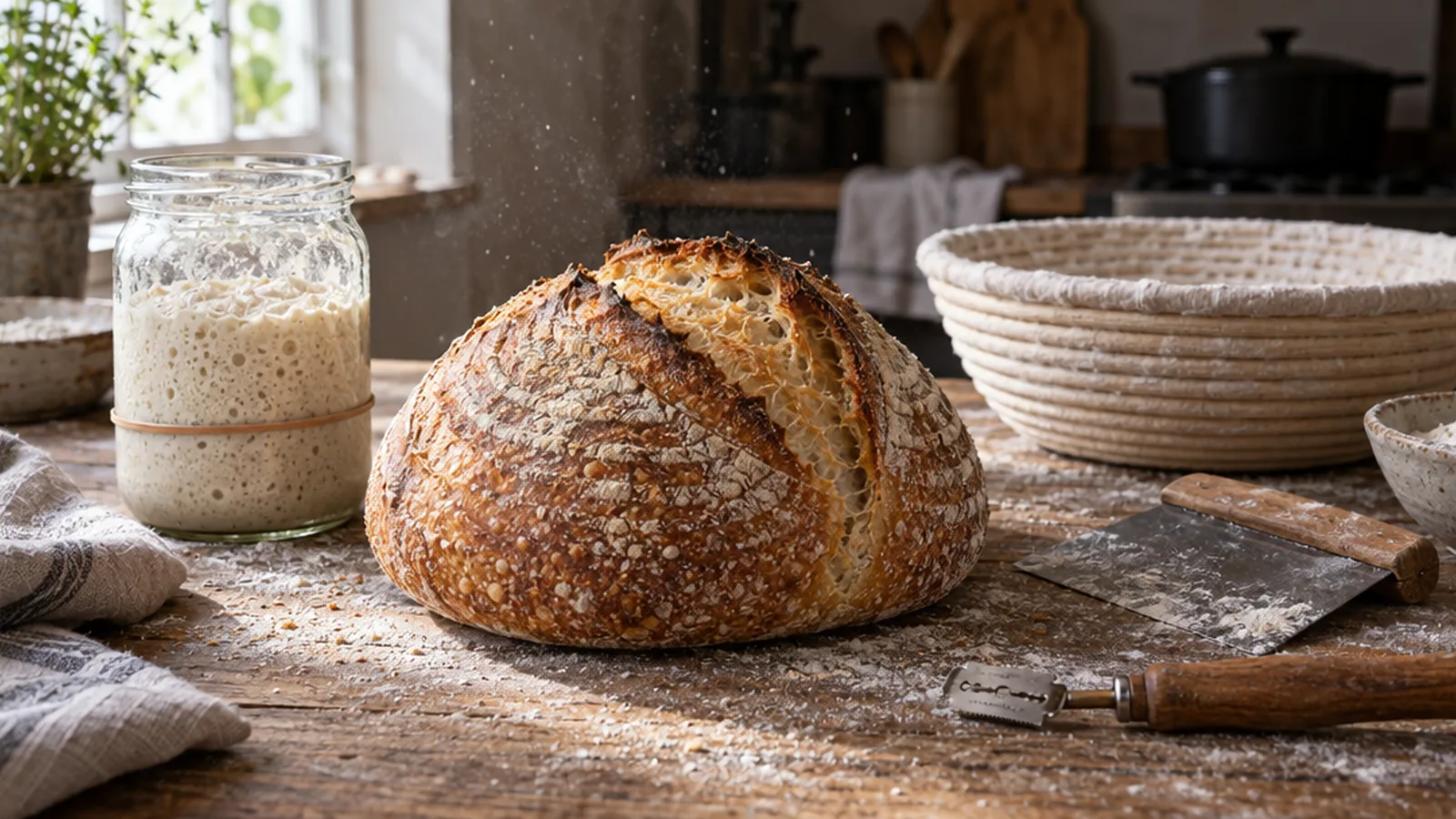 Scored sourdough boule next to a jar of bubbly sourdough starter on a floured wooden counter