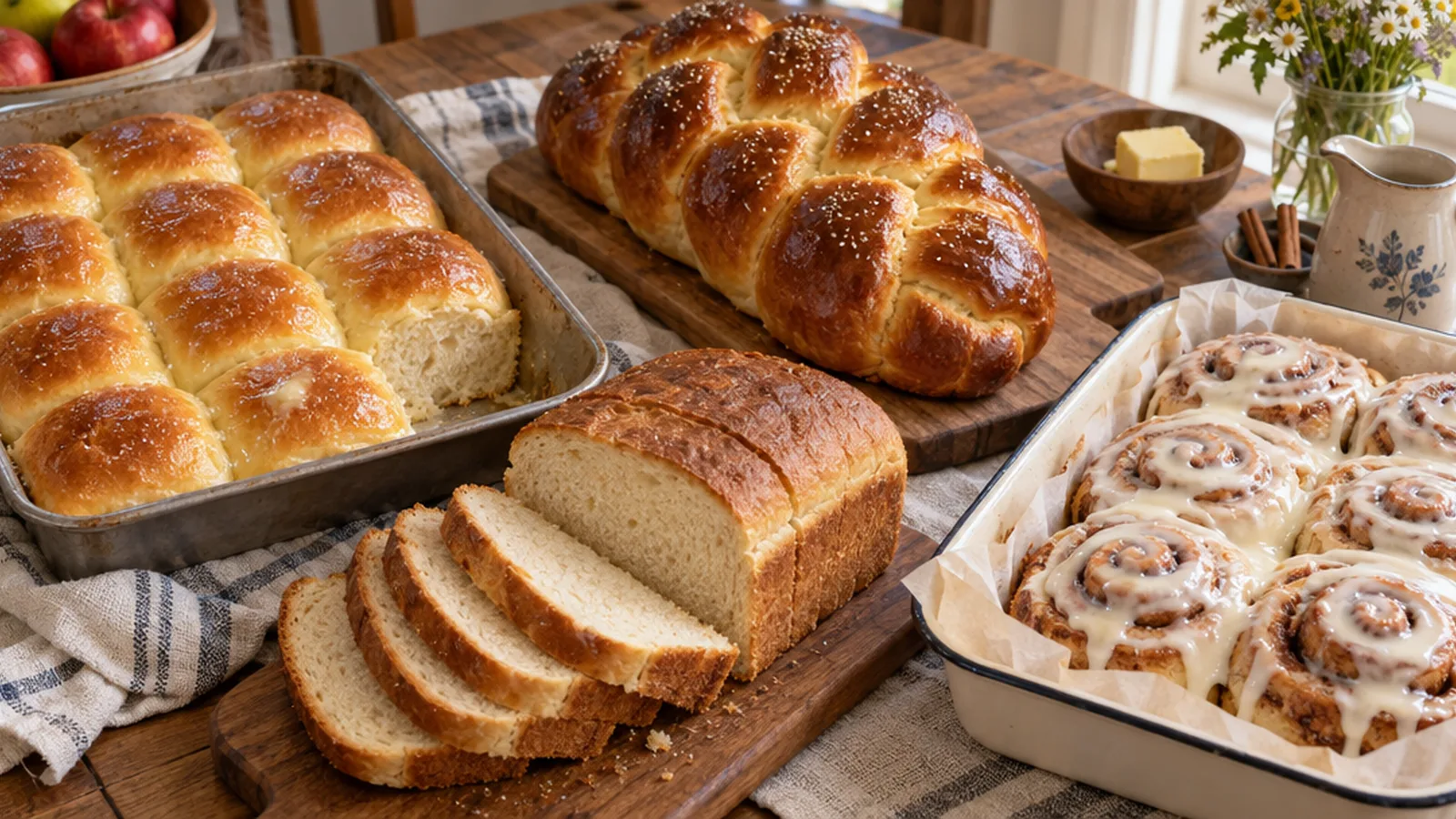 Pan of golden-brown pull-apart dinner rolls with melted butter next to a cinnamon roll and sandwich loaf