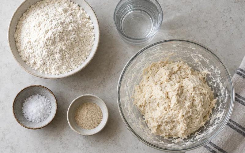Bowls of white flour, water, salt and yeast on a countertop next to a bowl of wet ciabatta dough