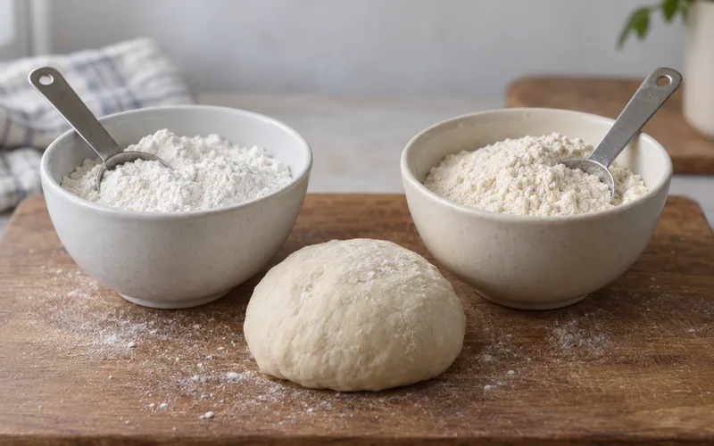 Two bowls of flour side by side for comparing bread flour and all-purpose flour
