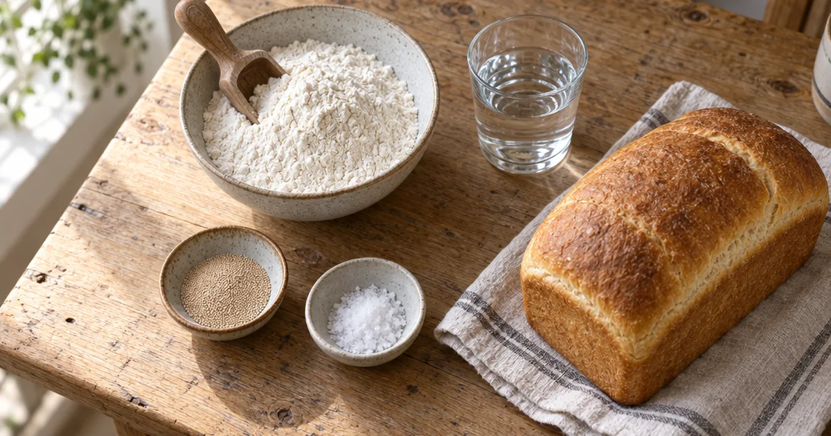 Flour, water, yeast and salt laid out beside a freshly baked loaf of bread on a wooden table
