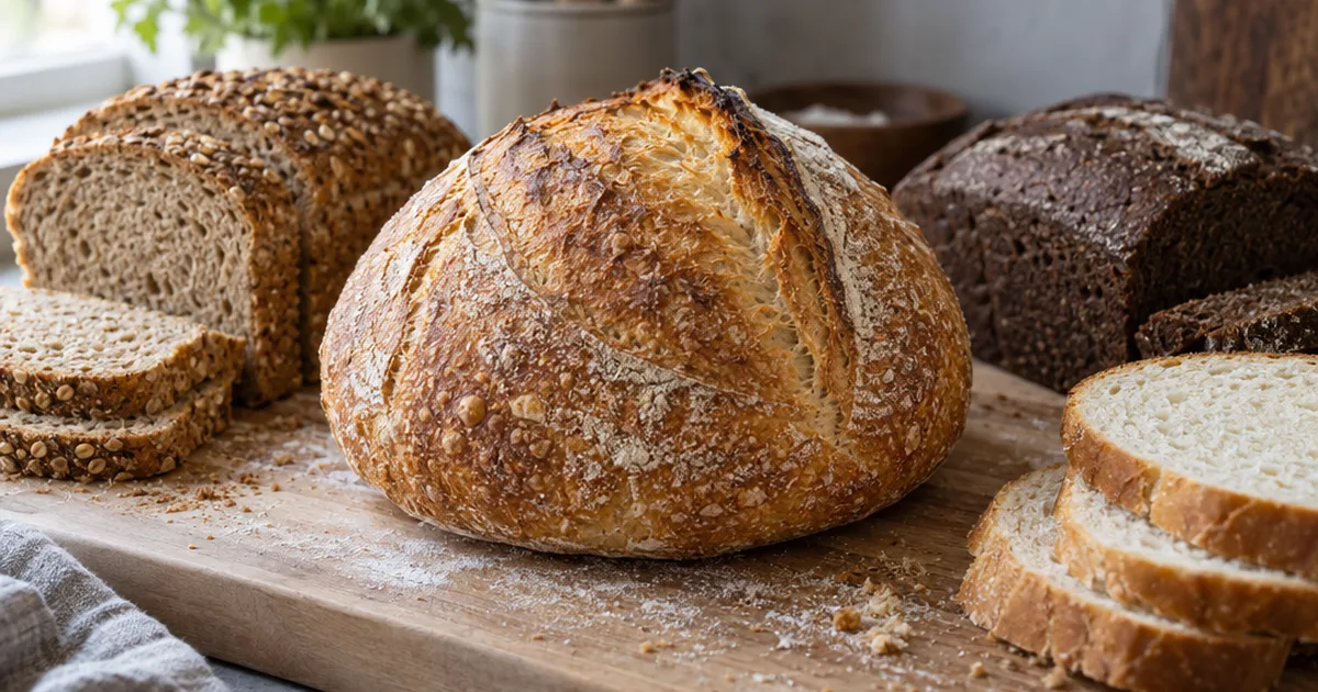 Crusty sourdough boule on a wooden board beside seeded whole grain, rye and white bread