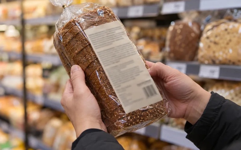 Shopper turning over a packaged rye-style bread in a grocery aisle to check the ingredient list