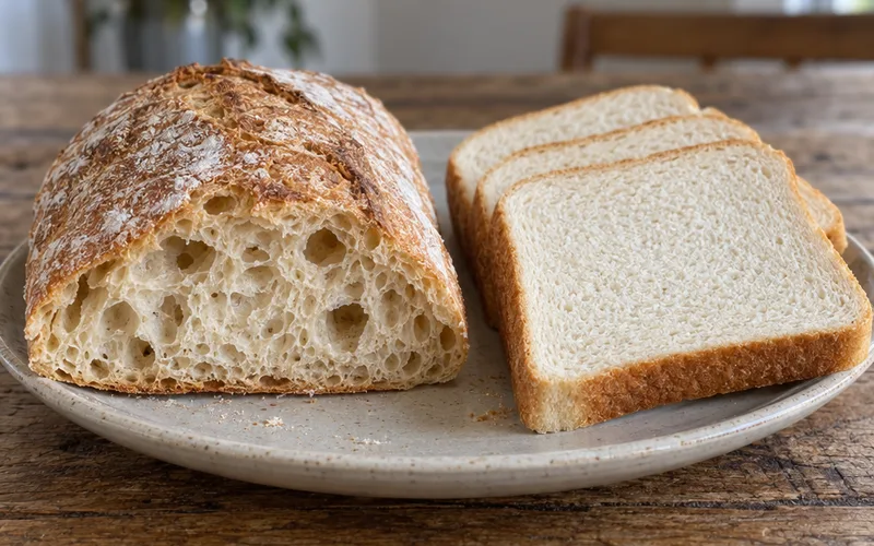 Ciabatta roll with an open crumb next to slices of soft white sandwich bread on a plate