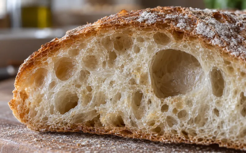 Close-up of a ciabatta slice showing large, irregular air holes and a thin floury crust