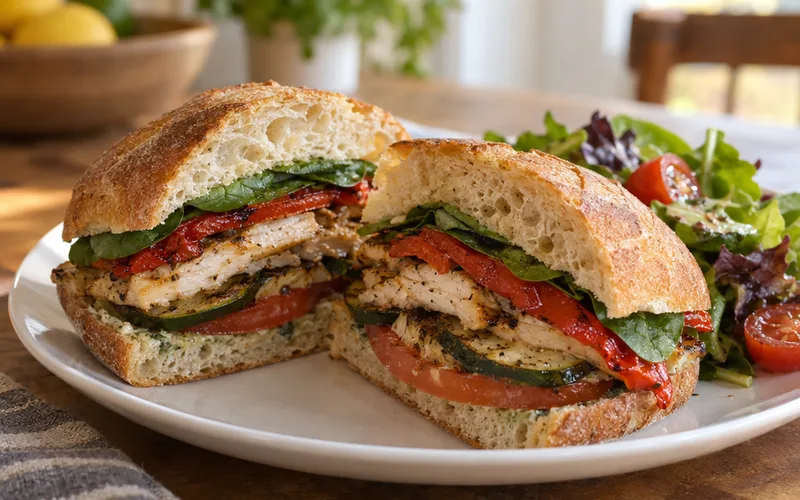 Ciabatta sandwich filled with grilled chicken, grilled vegetables, tomato and spinach next to a side salad