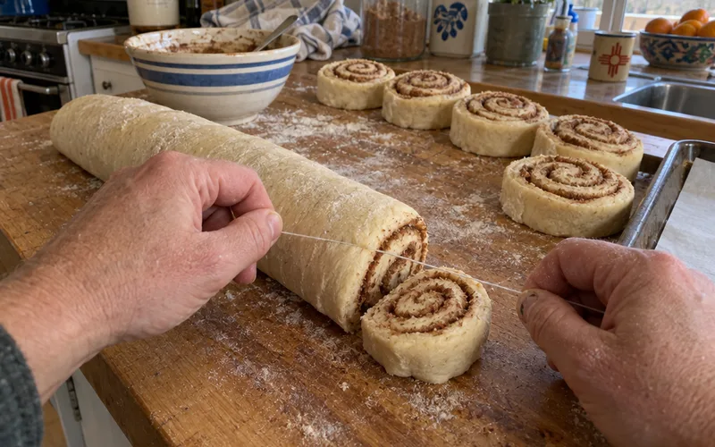 Cutting a log of sourdough discard cinnamon roll dough into rolls with dental floss