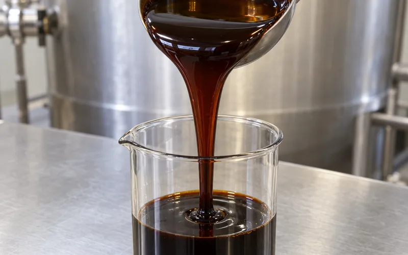 Dark cane molasses pouring from a steel ladle into a glass beaker, the sugar source used to grow baker's yeast
