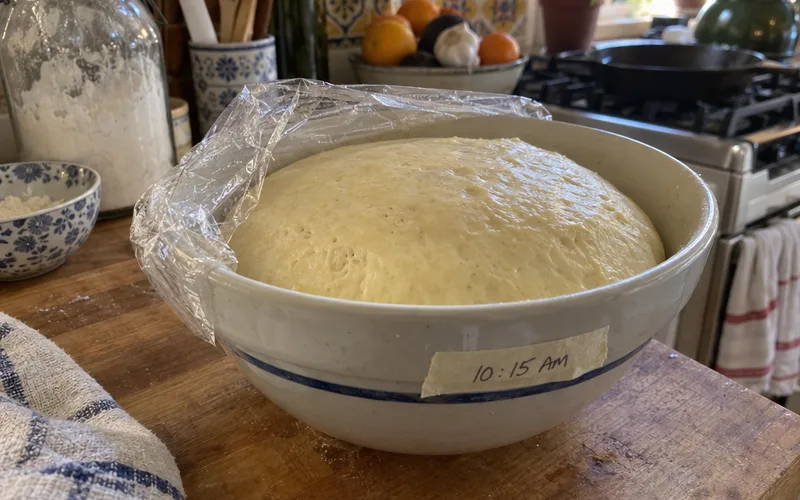 Doubled ball of cinnamon roll dough in a greased bowl after the first rise