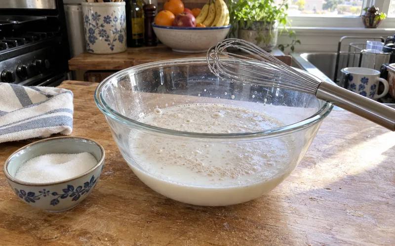 Bowl of warm milk with foamy instant yeast on top after resting 5 minutes