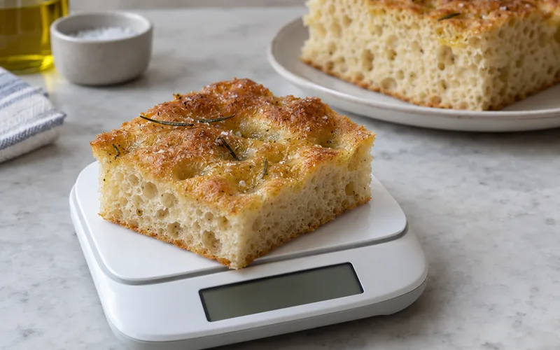A slice of focaccia on a digital kitchen scale with a thicker slice on a plate behind it