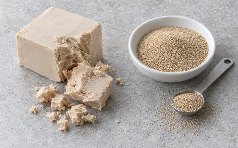 A crumbled block of fresh compressed yeast next to a dish of dry active dry yeast granules