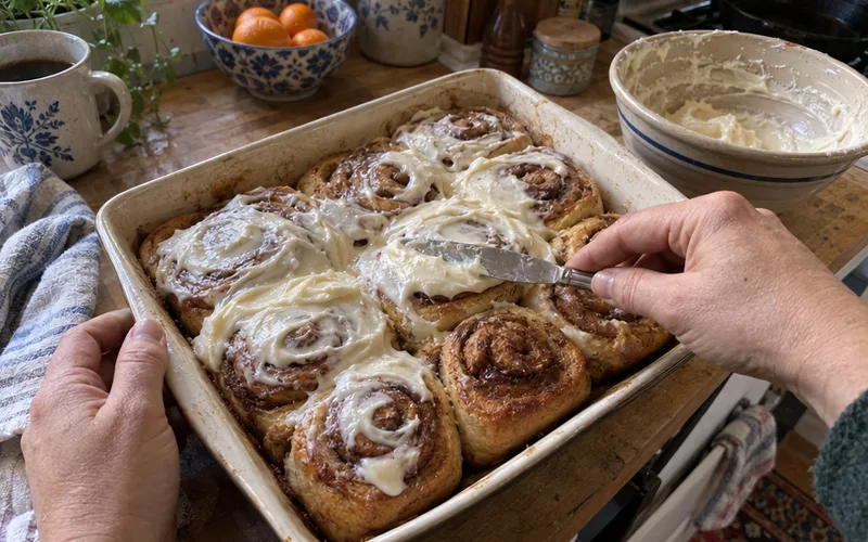 Spreading cream cheese frosting over warm sourdough discard cinnamon rolls