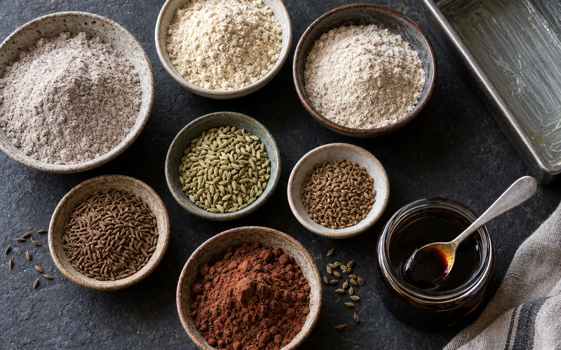 Bowls of buckwheat, sorghum and brown rice flour with caraway, fennel, anise, cocoa and molasses beside a bread pan