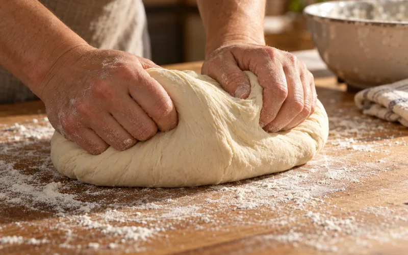 Hands kneading a smooth ball of bread dough on a floured countertop
