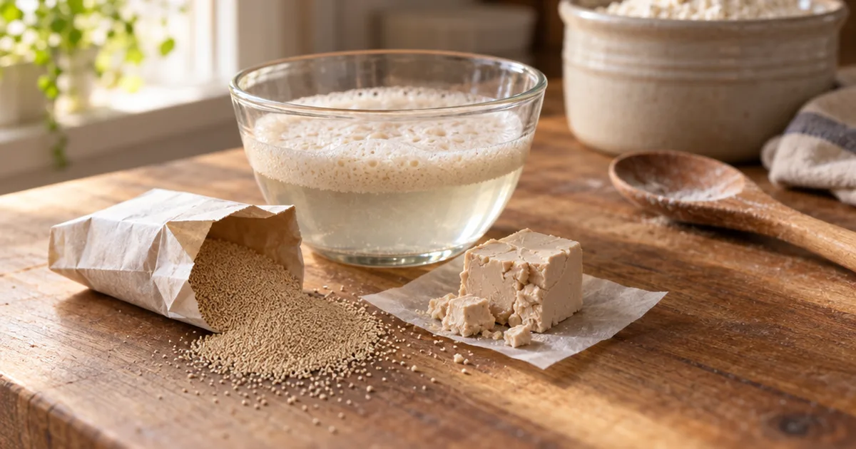 Active dry yeast granules, a block of fresh compressed yeast and a bowl of foaming yeast on a wooden kitchen counter