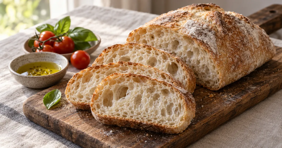 Rustic ciabatta loaf sliced on a wooden board to show its open, airy crumb, with olive oil, cherry tomatoes and basil beside it