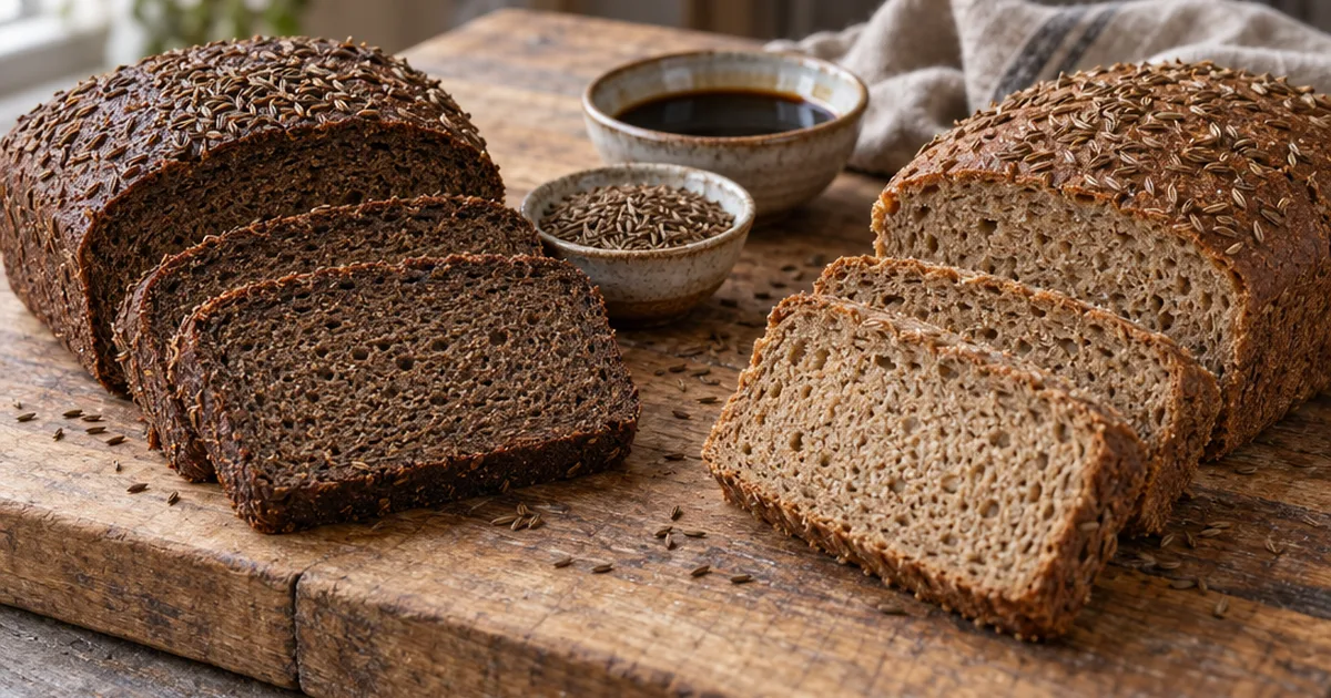 Sliced dark rye loaf with caraway seeds beside a lighter gluten-free rye-style loaf on a wooden board, with bowls of caraway and molasses