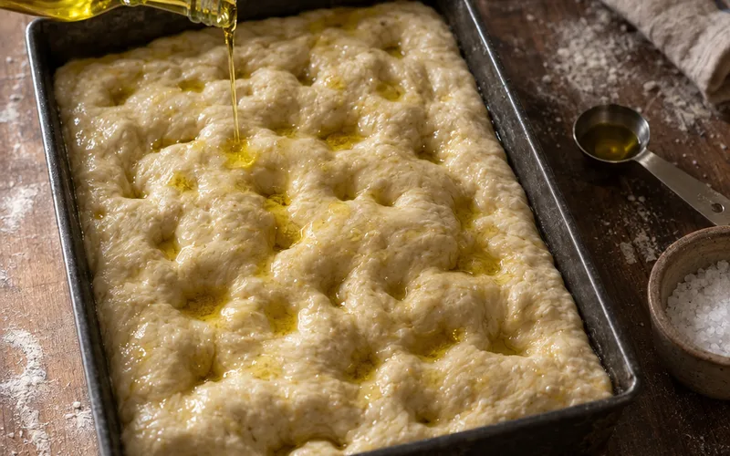 Olive oil drizzled over dimpled focaccia dough in a metal baking pan, with a measuring spoon beside it