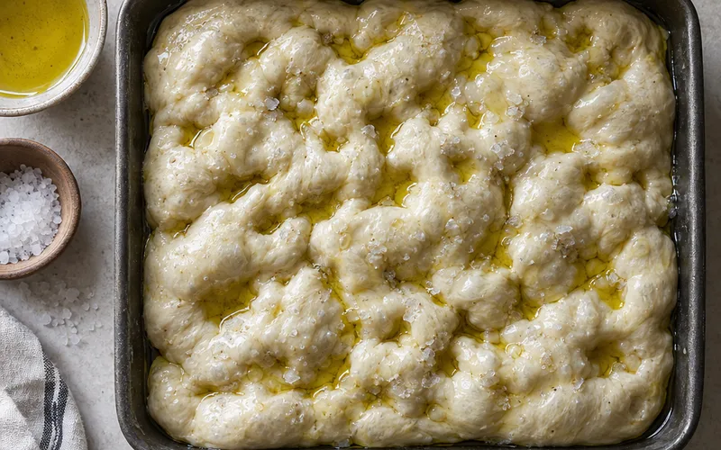 Overproofed sourdough dough pressed into an oiled pan with finger dimples, ready to bake as focaccia