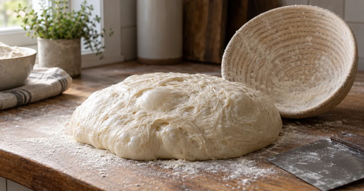 Slack overproofed sourdough dough spreading flat on a floured wooden counter beside an empty proofing basket