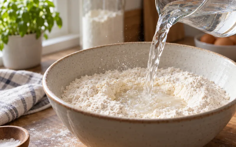 Warm water poured into a bowl of flour to start a bread dough