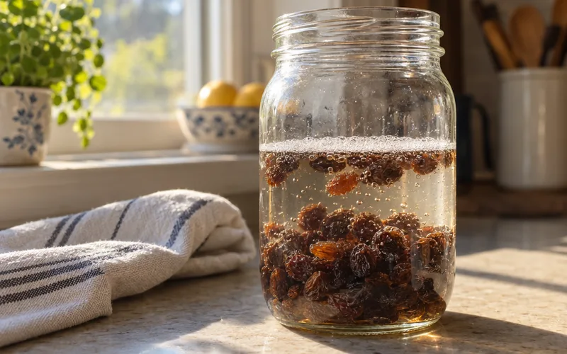 A glass jar of raisins soaking in bubbly water on a kitchen windowsill to catch wild yeast