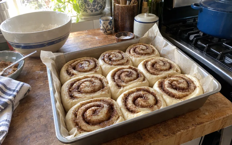 Twelve puffy cinnamon rolls touching in a parchment-lined pan after the second rise