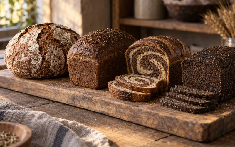 Sourdough rye, dark rye, marbled rye and pumpernickel breads lined up on a long wooden board