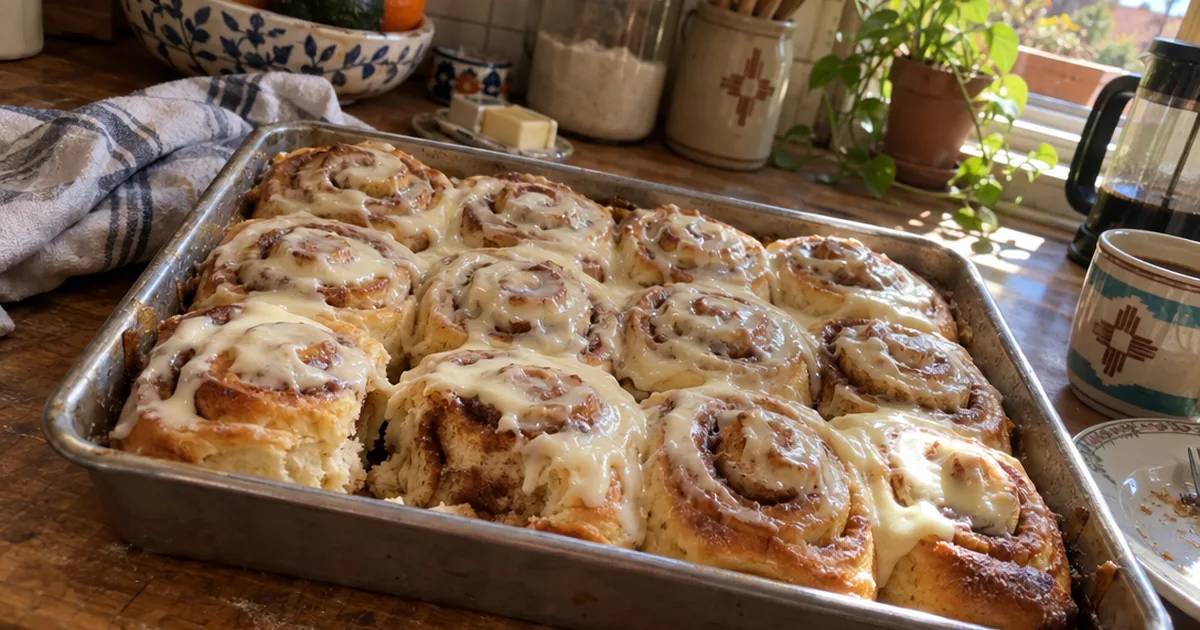 Pan of 12 sourdough discard cinnamon rolls with melting cream cheese frosting on a wooden counter