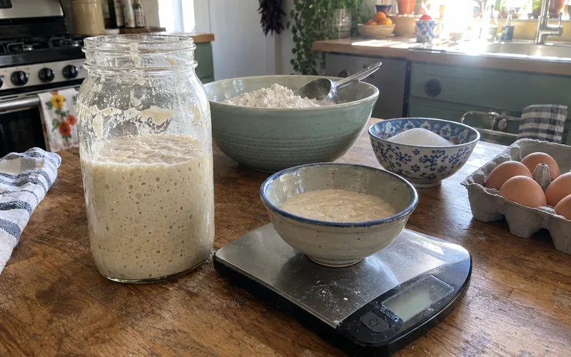 Bowl of sourdough discard on a kitchen scale beside measured cinnamon roll ingredients