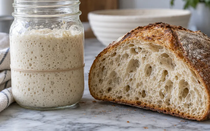 Bubbly sourdough starter in a glass jar next to a halved loaf with an open crumb