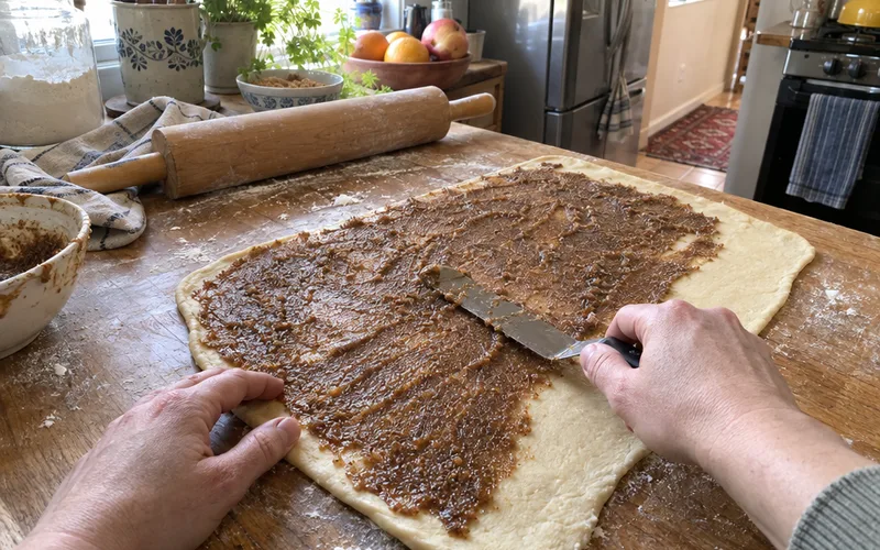 Spreading butter, brown sugar and cinnamon filling over a rolled rectangle of dough with a bare edge left