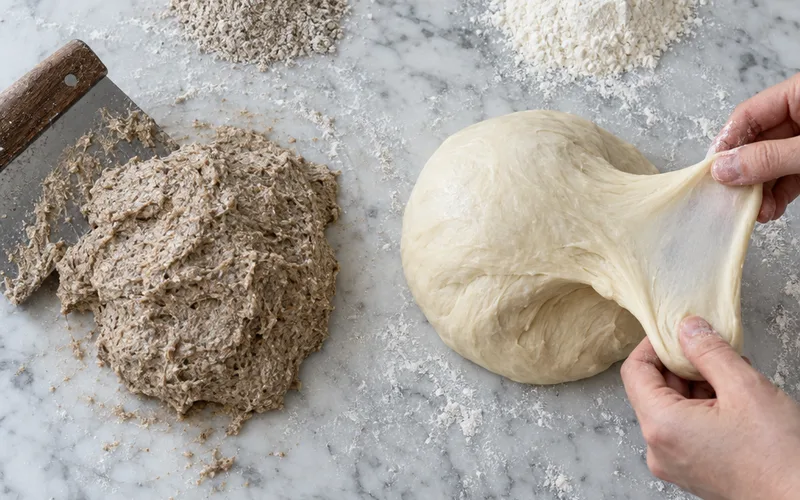 Sticky rye dough on a bench scraper next to a smooth, stretchy ball of wheat dough on a floured counter