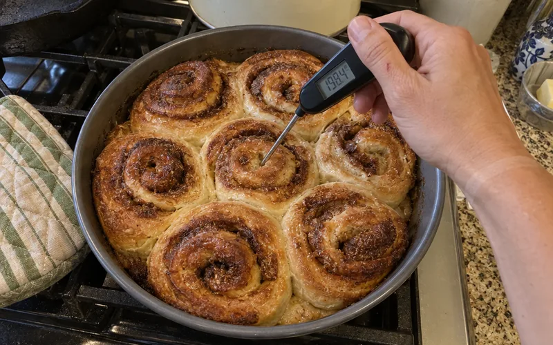 Instant-read thermometer in the center of a baked sourdough discard cinnamon roll