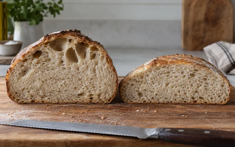 Cut underproofed sourdough with dense crumb and tunnels next to a flat overproofed loaf with small collapsed holes
