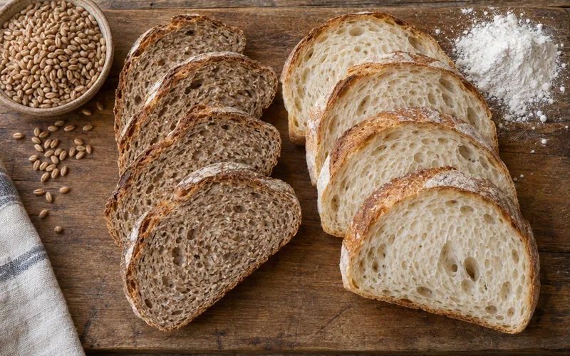 Slices of whole wheat sourdough beside slices of white sourdough on a wooden board