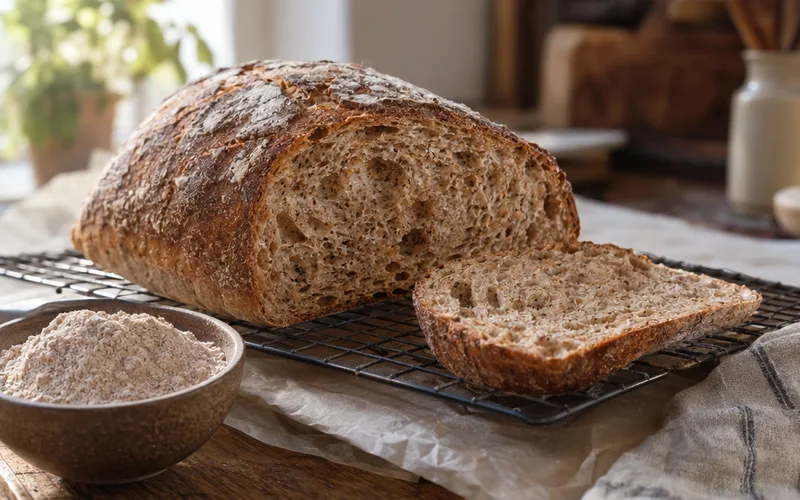 Sliced whole wheat ciabatta loaf with a brown crust and tan, bran-flecked crumb on a cooling rack